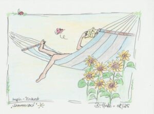 Zomer, ontspanning in hangmat, zonnebloemen